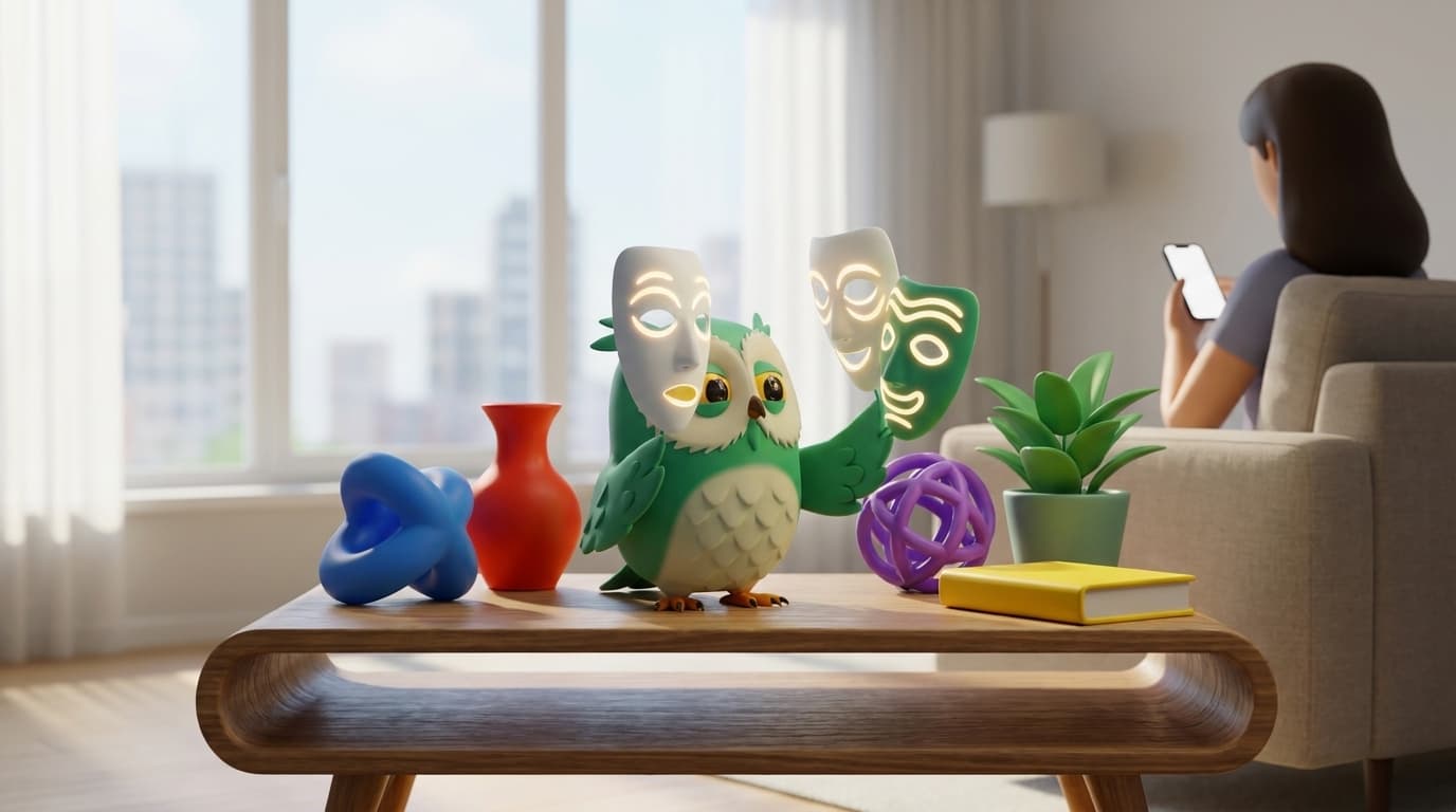 Green owl holds up glowing masks with different expressions on a coffee table in a bright living room